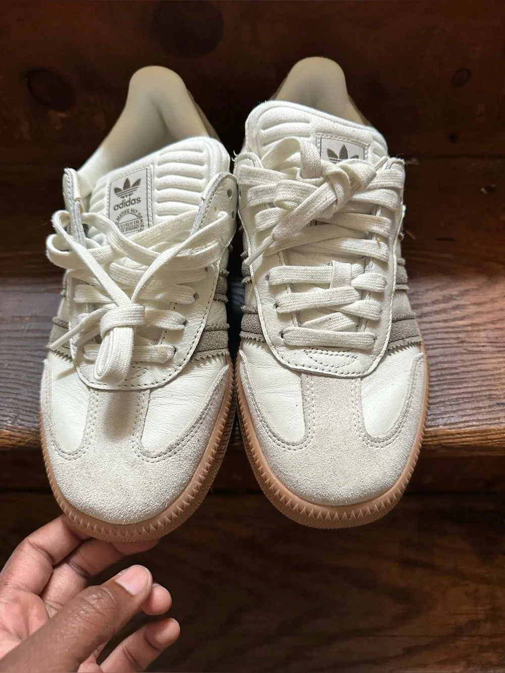 adidas Samba Low-Profile Sneakers in White and Taupe with Gum Sole